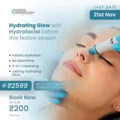 Achieve a lasting, hydrating glow this festive season with a Hydrafacial. This promotional graphic details our special offer for a 3-in-1 cleansing facial that provides instant hydration with no downtime, complete with a free skin consultation.