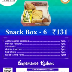 Our Snack Box 6 is a hearty option, featuring an Aloo Matar Samosa, Paneer Pakora, Sandwich, Gulab Jamun, Milk Cake, and a Frooti.