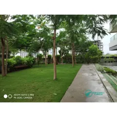 Another view of the 5th-floor podium garden, showing the concrete pathway and seating areas integrated with the lawn and trees. It’s a complete rooftop landscape solution.