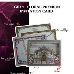 This grey floral premium invitation card is a beautiful example of detailed craftsmanship. It features a 3D box design with a laser-cut floral pattern, a custom nameplate, and two inserts, all presented in a matching bag envelope. It’s a complete and elegant package.