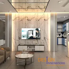 A sleek and modern reception area we designed. The marble accent wall with integrated backlighting creates a powerful first impression, while the comfortable seating provides a welcoming space for visitors. This is where your brand's story begins.