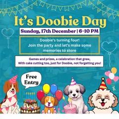 It's Doobie Day! We celebrated Doobie's fourth birthday with games, prizes, and a big cake-cutting ceremony. Our community parties are the talk of the town.