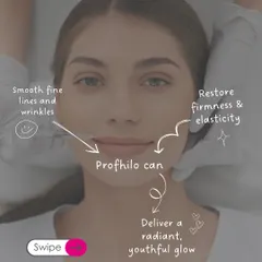 This graphic illustrates the key benefits of Profhilo, showing how it smooths fine lines, restores firmness, and delivers a radiant, youthful glow.