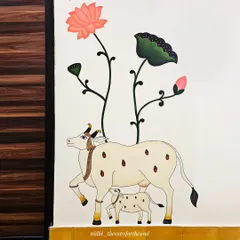 Another detail of the cow and calf against a dark wood panel, showing how the artwork can be adapted to different wall colors and textures for a striking contrast.