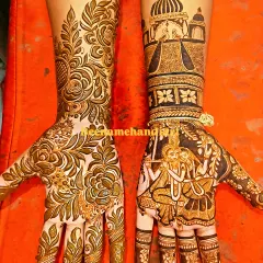This design combines two styles. One hand has a beautiful portrait of Radha and Krishna, while the other is filled with a dense floral pattern.