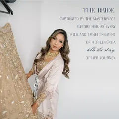 The bride, seeing her custom-made golden lehenga for the first time. Every fold and embellishment tells the story of a virtual journey that brought her dream look to life.