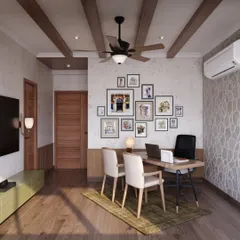 A wider view of the home office, showing a gallery wall of personal art and a media unit. The wooden ceiling beams add to the rustic, warm feel of the space.