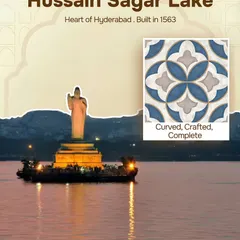 Reflecting the curved, crafted, and complete form of the Buddha statue at Hussain Sagar Lake, this tile pattern in blue and grey creates a sense of calm and fluidity.