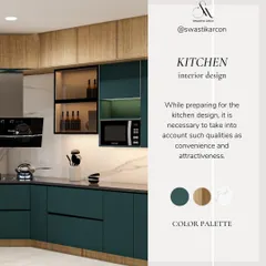 A kitchen design mood board showcasing a sophisticated color palette of deep teal, natural wood, and white marble. This visual guide illustrates our process of selecting materials and colors to achieve a cohesive and attractive final design.