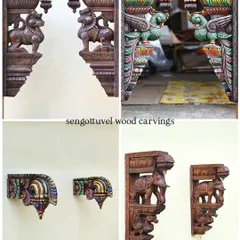 A collage showcasing the variety of our exquisite wooden brackets. You can see different motifs like the Lion Yali, parrots, and elephants, available in both natural wood and colorful finishes.