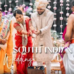 A beautiful moment from a South Indian wedding ceremony, where the couple participates in a traditional ritual together.