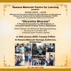 The poster for "Shreshta Bharata," a theatre presentation by 400 students of a Government Model Primary School. This RAISE event showcases our large-scale collaborations with local schools.