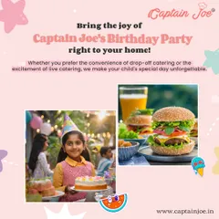 Bring the joy of a perfect birthday party right to your home. This image shows a happy child with her birthday cake alongside a delicious-looking burger, representing our versatile menu that pleases both kids and adults.