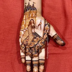 A design inspired by the joy of Navratri. This mehandi features a woman in a traditional chaniya choli, dancing in front of a temple, capturing the festive spirit perfectly.