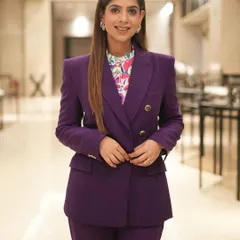 A closer look at my purple suit. The floral shirt adds a touch of personality to a professional look.