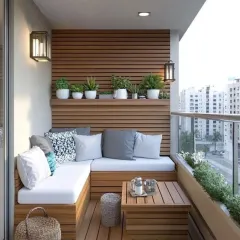 This cozy balcony features a custom-built L-shaped wooden bench that fits the space perfectly, complete with comfortable white cushions. A slatted wood accent wall provides a warm backdrop for a shelf of potted plants, maximizing both seating and greenery.