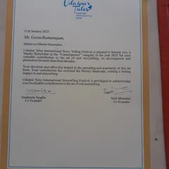 The official letter from the Udaipur Tales International Story Telling Festival. Being honored in the 'Contemporary' category for my three decades of work is a moment I will always cherish.