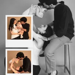 A creative collage from a studio family session. Combining a playful, interactive shot with more traditional polaroid-style portraits tells a fuller story of their family dynamic.
