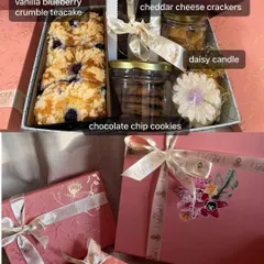 A closer look at one of my custom Diwali gift boxes. This one contains a vanilla blueberry crumble teacake, assorted brownies, jars of chocolate chip cookies and cheddar cheese crackers, and a decorative daisy candle.