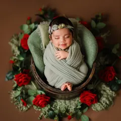 A sleeping beauty surrounded by roses. This newborn is swaddled snugly in a sage green wrap, creating a beautiful color contrast with the red flowers. This is an example of a creative, posed newborn portrait.