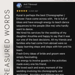 A wonderful review from the bride's father, who called me the "best Choreographer/Emcee". He loved the fresh entry ideas and my energy in teaching dance sequences to people who were hesitant to dance.