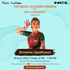 The official announcement for my solo Bharatanatyam performance at The Music Academy Madras, presented by HCL Concerts. It's always an honor to perform on this stage.