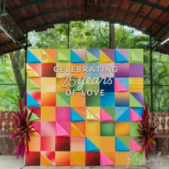 For a 25th anniversary with a carnival theme, I designed this vibrant and colorful photo backdrop. The geometric patterns and bright hues created a perfect spot for guests to capture fun memories.