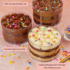 All the nostalgia of old-school birthday parties, now in a personal cake tub. I offer three classic egg-free flavors: Chocolate Buttercream, Milk Chocolate Birthday, and Vanilla with Belgian Dark Chocolate, all finished with rainbow confetti for that extra bit of joy.