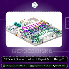 Efficient spaces start with expert MEP design. This graphic displays a complex 3D model of a building's Mechanical, Electrical, and Plumbing systems, showcasing our technical capability in engineering the vital infrastructure of a project.