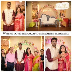 A collage of memories from an engagement celebration. It showcases the couple's portraits, family photos, and the beautiful stage setup, telling the complete story of their special day.