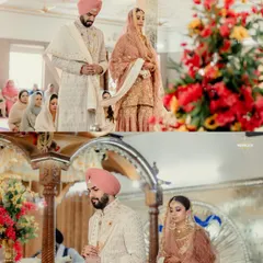 A collage showing the couple during the Anand Karaj ceremony in the Gurudwara, capturing their reverence and the peaceful atmosphere of the holy space.