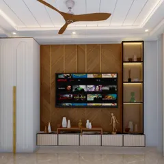 A 3D concept for a living room TV unit. The design combines a wood-paneled feature wall with a minimalist console and an illuminated display shelf for a modern and sophisticated look.