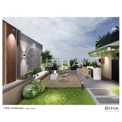 Our design proposal for a New Delhi terrace, featuring a central fire pit for warmth and ambiance. The space is zoned with a custom bar, comfortable seating, and a striking metal art piece, demonstrating our ability to blend functional design with artistic elements.