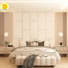 A front view of the bed in this elegant master bedroom. The headboard wall is a masterpiece of geometric paneling, creating a sophisticated and hotel-like ambiance.