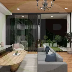 Another angle of our transitional living room concept. This 3D view highlights the furniture layout and the visual connection to the outdoor patio, emphasizing a spacious and cohesive living area.
