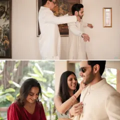 A collage of heartwarming 'getting ready' moments, showing the groom being helped by his father and sister, highlighting the importance of family.