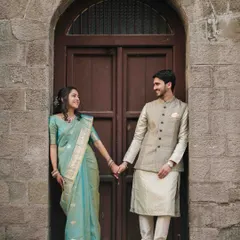 A classic couple portrait against a rustic stone wall and arched wooden door, showcasing a timeless pre-wedding look with traditional Indian attire.