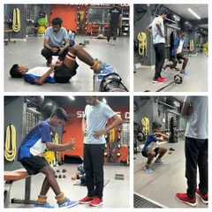 This is what sport-specific training looks like. We're working with a young tennis player, focusing on building lower body strength for powerful court movement and core stability for rotational power, all while being supervised by an expert trainer.