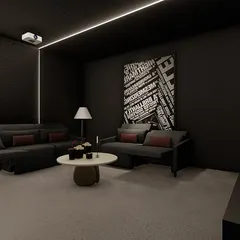 A concept for a theater and lounge area. This design uses contemporary sofas and armchairs instead of traditional recliners, creating a more social and conversational atmosphere.