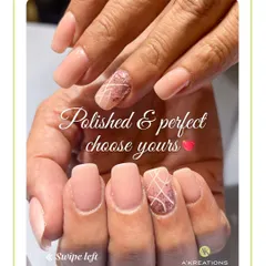 This elegant manicure features a matte nude polish on squared nails, with two accent nails showcasing a sparkling rose gold glitter and a geometric line pattern.