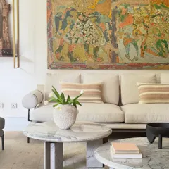 A detail shot from the living room, where modern furniture with clean lines is paired with vibrant, large-scale Indian art. The juxtaposition of minimalist forms and soulful, textured artwork is a key theme in this home's design.