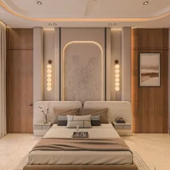 A serene master bedroom in Sushant Lok, featuring an arched, bas-relief headboard and warm wood paneling. The symmetrical design and soft, layered lighting create a sense of tranquility and balance.
