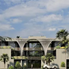 For an office building proposal in Udaipur, our design combines crisp linear forms with gentle, multi-arched canopies. The facade is deeply recessed to provide shade, while the north side opens onto a lawn, creating a porous connection to the landscape.