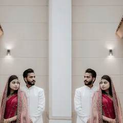 An artistic, mirrored portrait of a Muslim couple, creating a unique and symmetrical composition that highlights their connection.