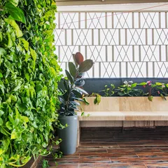 A vertical garden, or 'green wall', is a fantastic way to bring lushness to a terrace without sacrificing floor space. This one at the 'Opulent Abode' adds a vibrant backdrop to the seating area.