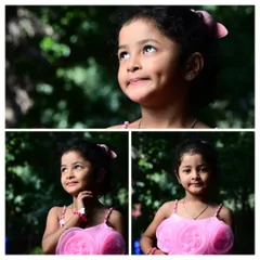 A collage of a charming seven-year-old girl, showcasing her bright smile and innocent expressions. These outdoor portraits are filled with the magic and wonder of childhood.
