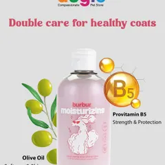 We believe in double care for healthy coats. Our moisturizing shampoo uses the power of Olive Oil for softness and shine, and Provitamin B5 for strength and protection.