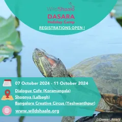 A poster for the "Wild Shaale" Dasara Holiday Camp, an opportunity for kids to connect with nature and learn about wildlife.