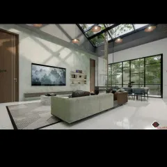 A living space designed to maximize natural light, featuring a large glass skylight and floor-to-ceiling windows. The neutral color palette and minimalist furniture ensure the focus remains on the connection to the outdoors.