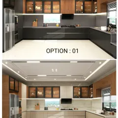 This image presents two distinct color options for the same large kitchen layout, one in a dark, moody grey and the other in a light, airy beige, helping clients visualize and choose.